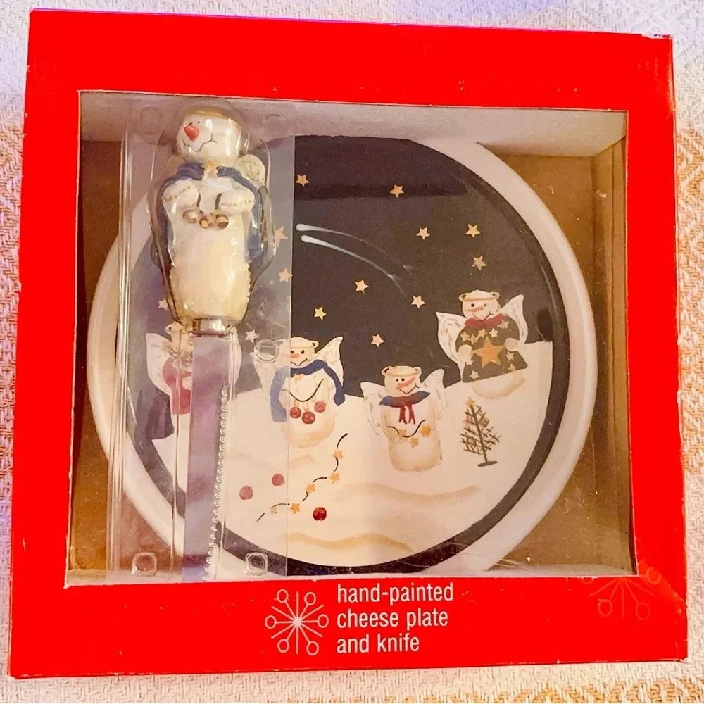 Cheese Plate and Knife Hand Painted 9 in Diameter Holiday Snowman Angel Design